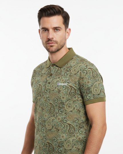 Male model wearing khaki paisley Lambretta polo - side