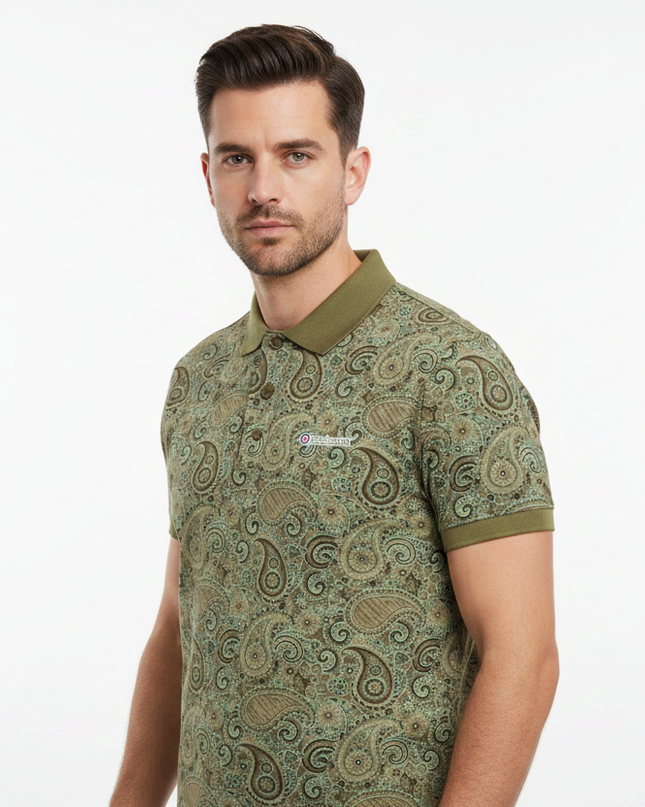 Male model wearing khaki paisley Lambretta polo - side