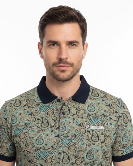 Male model wearing navy & cameo paisley Lambretta polo - front