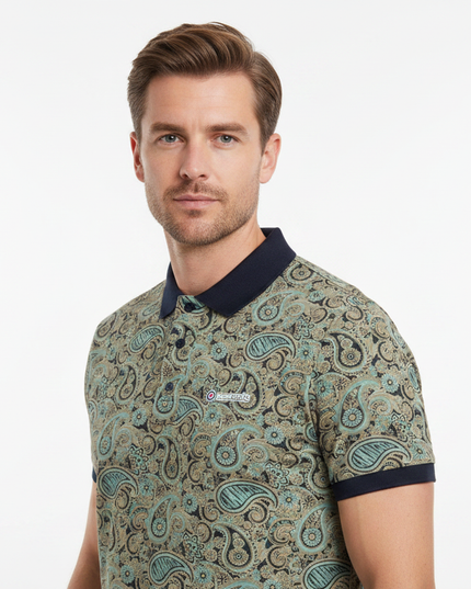 Male model wearing navy & cameo paisley Lambretta polo - side