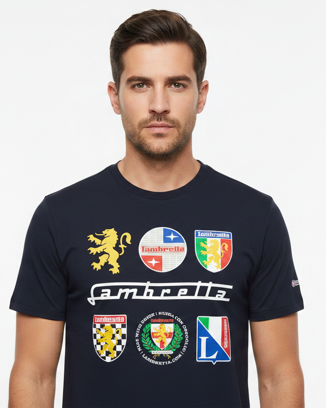 Male model wearing navy Lambretta multi-badge tee - front