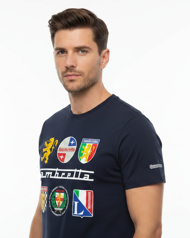 Male model wearing navy Lambretta multi-badge tee - side
