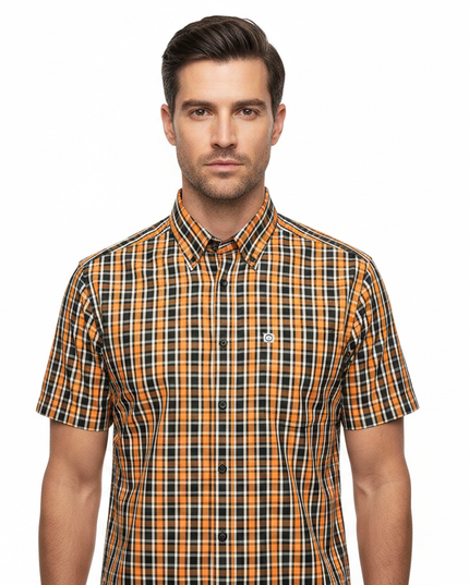 Male model wearing orange & black Lambretta check shirt - front
