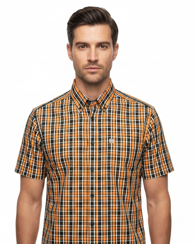 Male model wearing orange & black Lambretta check shirt - front