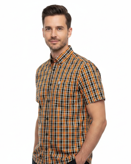 Male model wearing orange & black Lambretta check shirt - side