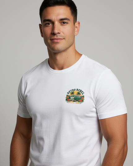 Male model wearing Retro Rebel Wild & Free t-shirt