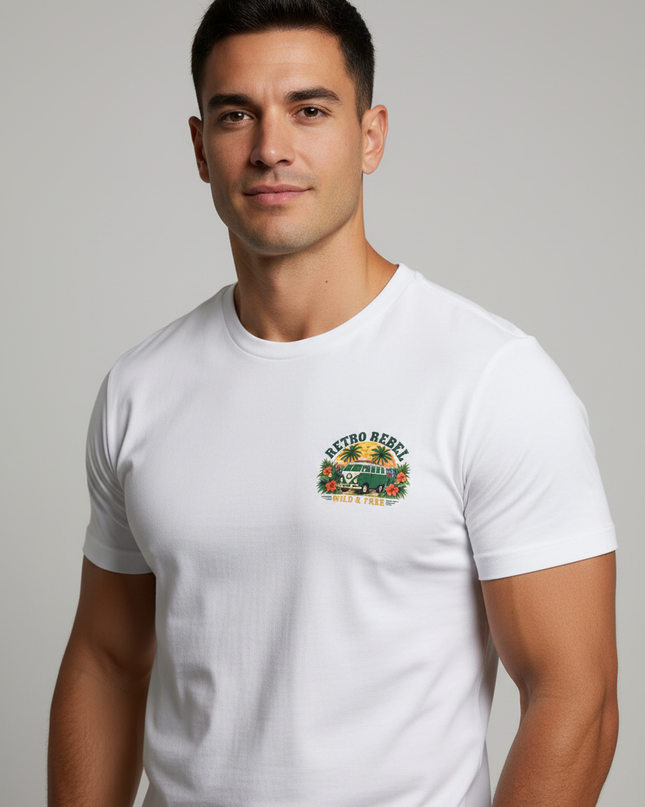 Male model wearing Retro Rebel Wild & Free t-shirt