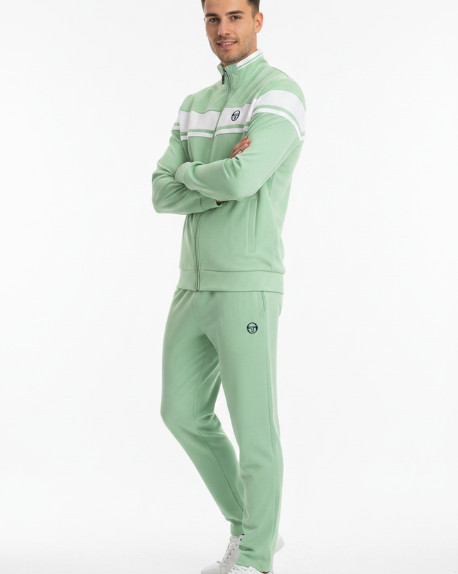 Male model wearing Sergio Tacchini mint green track jacket