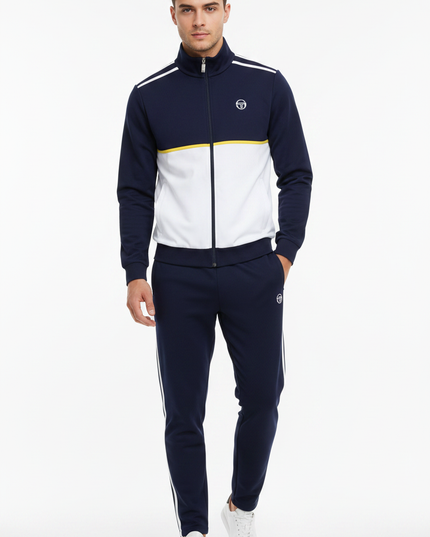 Male model wearing Sergio Tacchini navy and white track jacket