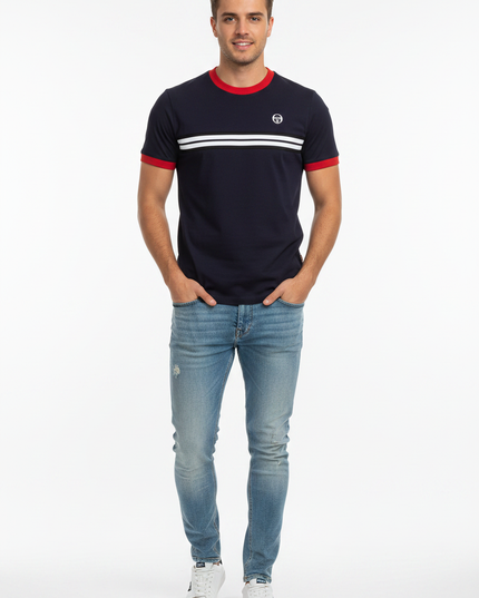 Male model wearing Sergio Tacchini navy tee with red trim
