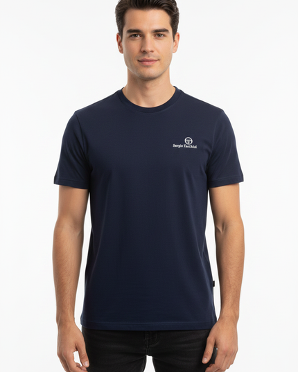 Male model wearing Sergio Tacchini navy tee