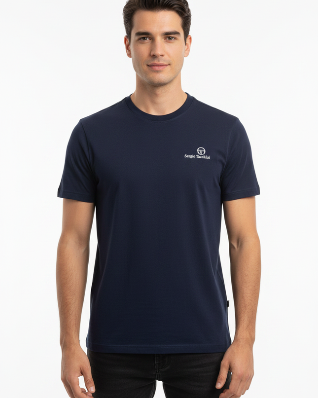 Male model wearing Sergio Tacchini navy tee