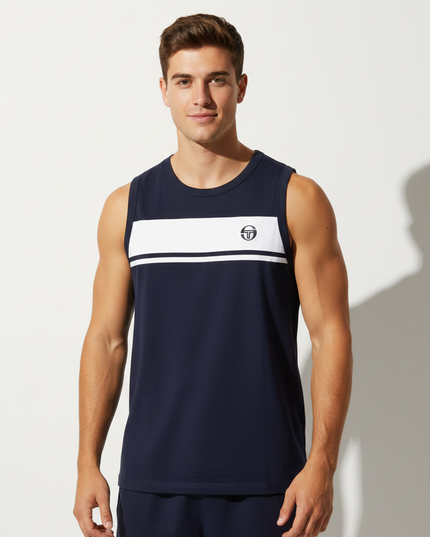 Male model wearing Sergio Tacchini navy vest