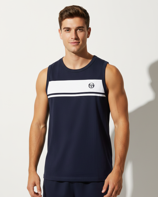 Male model wearing Sergio Tacchini navy vest