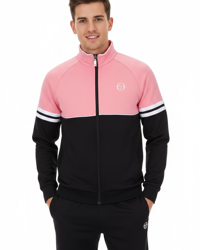Male model wearing Sergio Tacchini pink and black track jacket