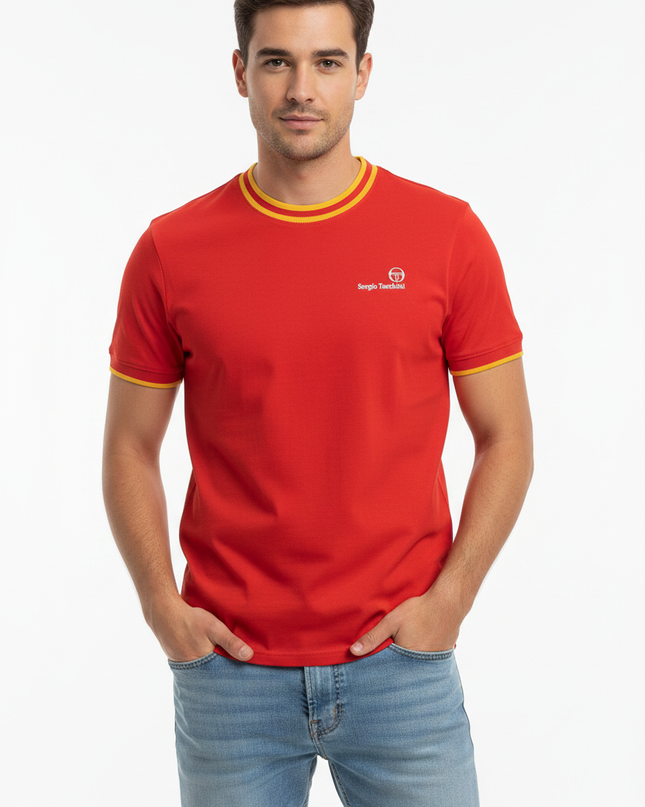 Male model wearing Sergio Tacchini red tee