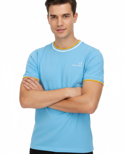 Male model wearing Sergio Tacchini sky blue tee