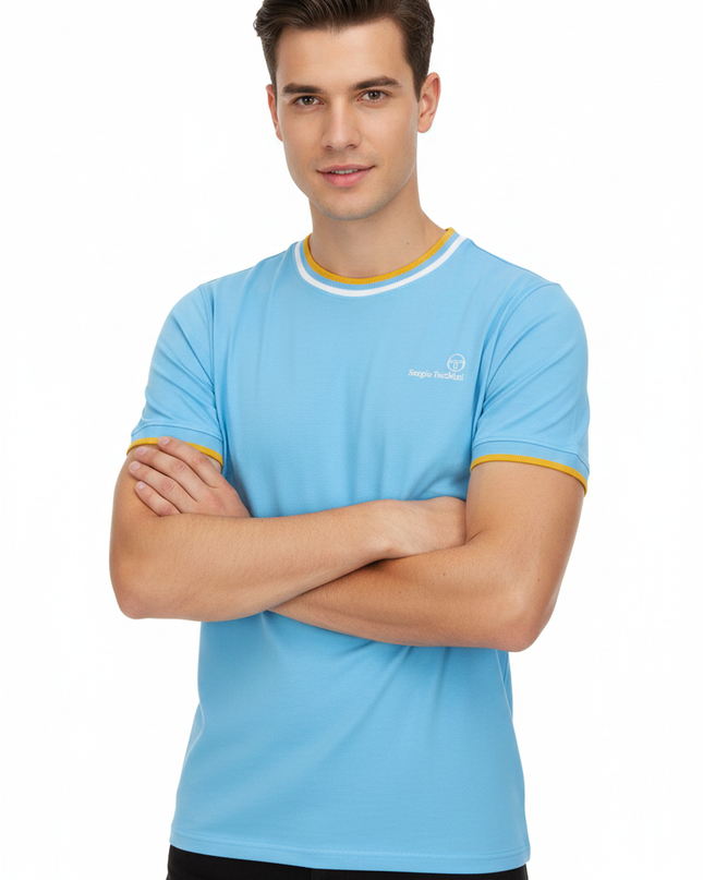 Male model wearing Sergio Tacchini sky blue tee