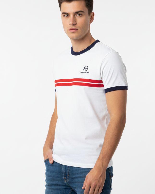 Male model wearing Sergio Tacchini white tee with red chest stripes