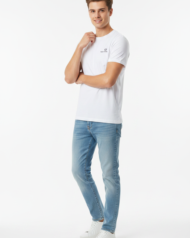 Male model wearing Sergio Tacchini white tee
