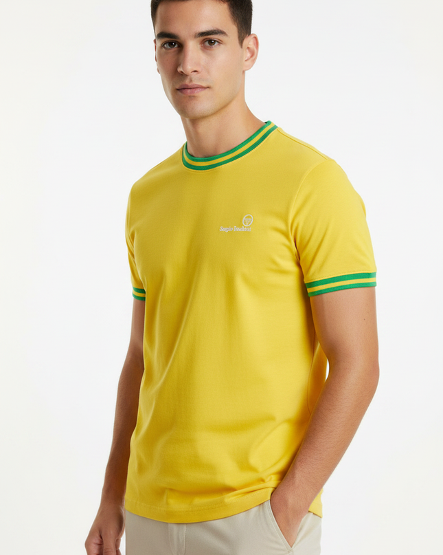 Male model wearing Sergio Tacchini yellow tee
