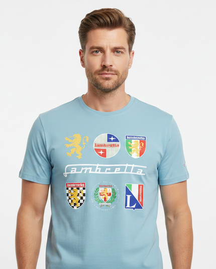 Male model wearing sky blue Lambretta multi-badge tee - front