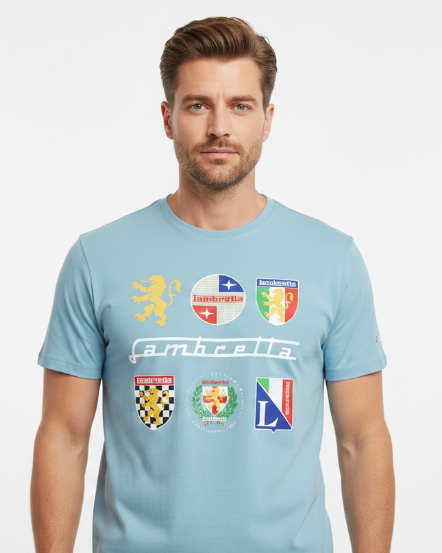 Male model wearing sky blue Lambretta multi-badge tee - front