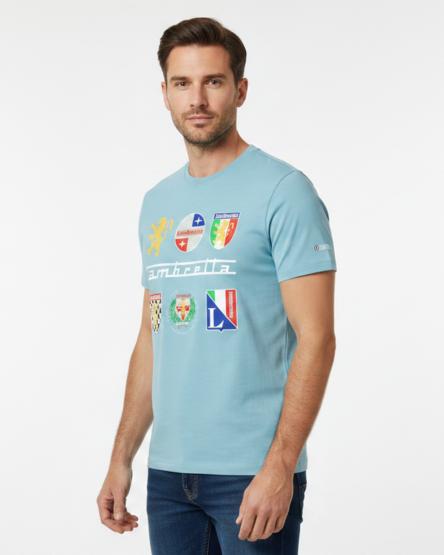 Male model wearing sky blue Lambretta multi-badge tee - side