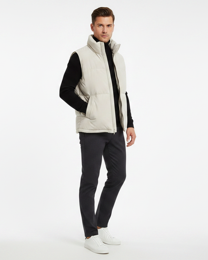 Male model wearing stone puffer gilet