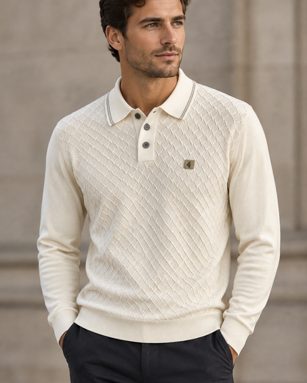 Gabicci Mens Cambridge Long Sleeve Knit Polo Gabicci Vintage Cream
