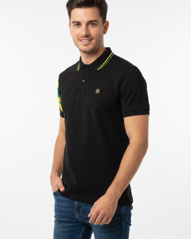 Male model wearing Trojan black polo with Jamaican sleeve stripe