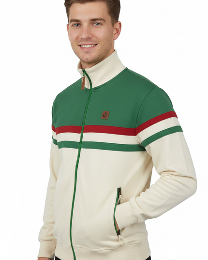 Male model wearing Trojan cream and green panel stripe track jacket
