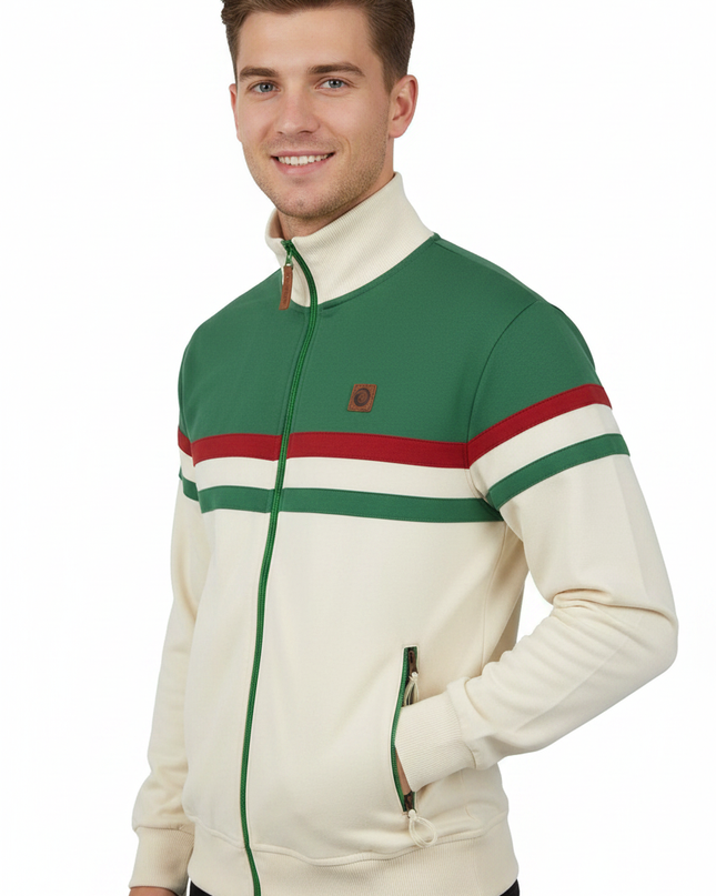 Male model wearing Trojan cream and green panel stripe track jacket