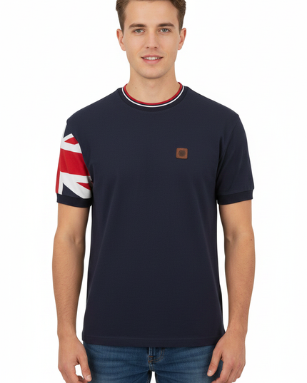 Male model wearing Trojan navy tee with Union Jack on one sleeve only