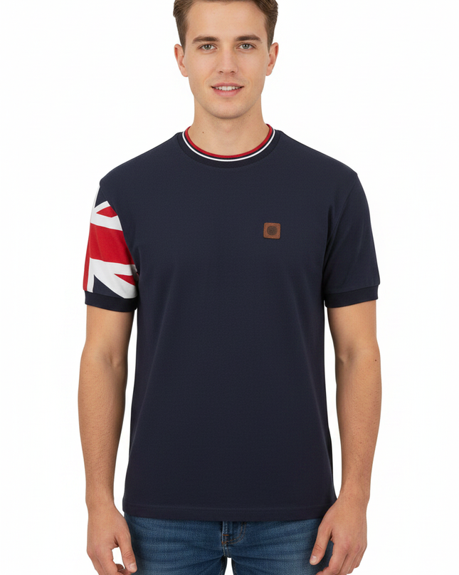 Male model wearing Trojan navy tee with Union Jack on one sleeve only