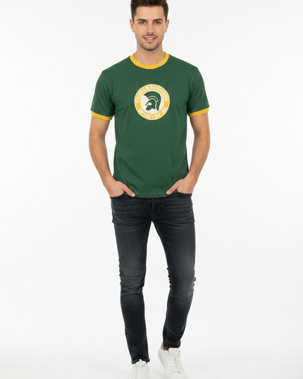 Male model wearing Trojan Records Spirit of 69 green ringer tee