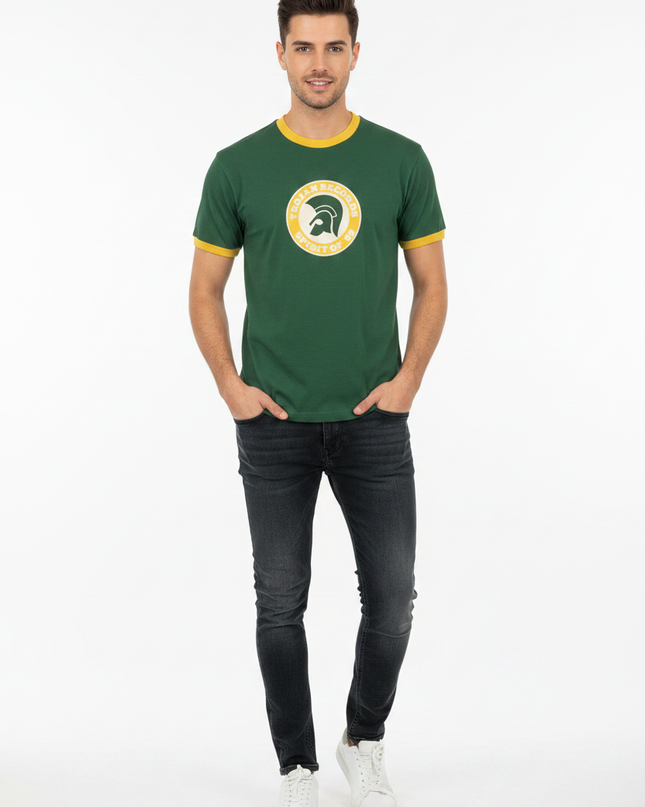 Male model wearing Trojan Records Spirit of 69 green ringer tee