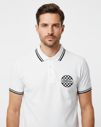 Male model wearing white checkerboard Lambretta polo - front