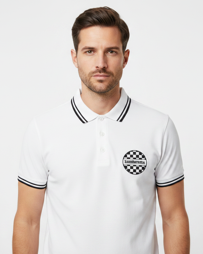 Male model wearing white checkerboard Lambretta polo - front
