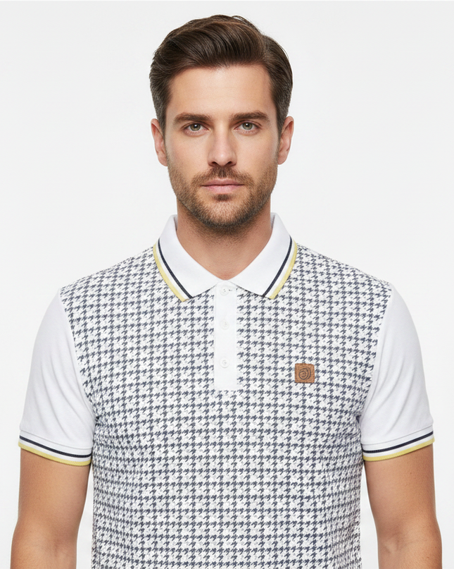 Male model wearing white & grey houndstooth Lambretta polo - front