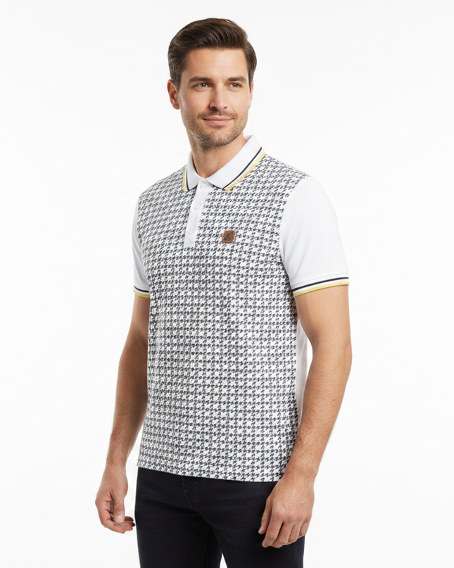 Male model wearing white & grey houndstooth Lambretta polo - side