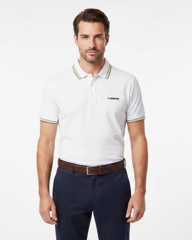 Male model wearing white & khaki Lambretta polo - front