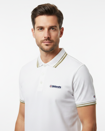 Male model wearing white & khaki Lambretta polo - side