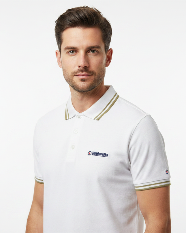 Male model wearing white & khaki Lambretta polo - side