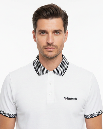 Male model wearing white Lambretta checkerboard polo - front