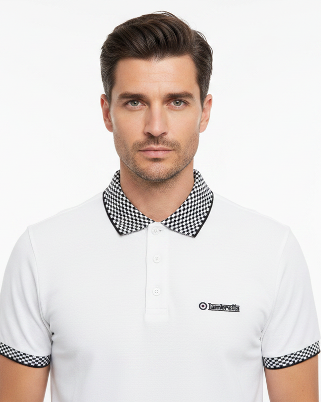 Male model wearing white Lambretta checkerboard polo - front