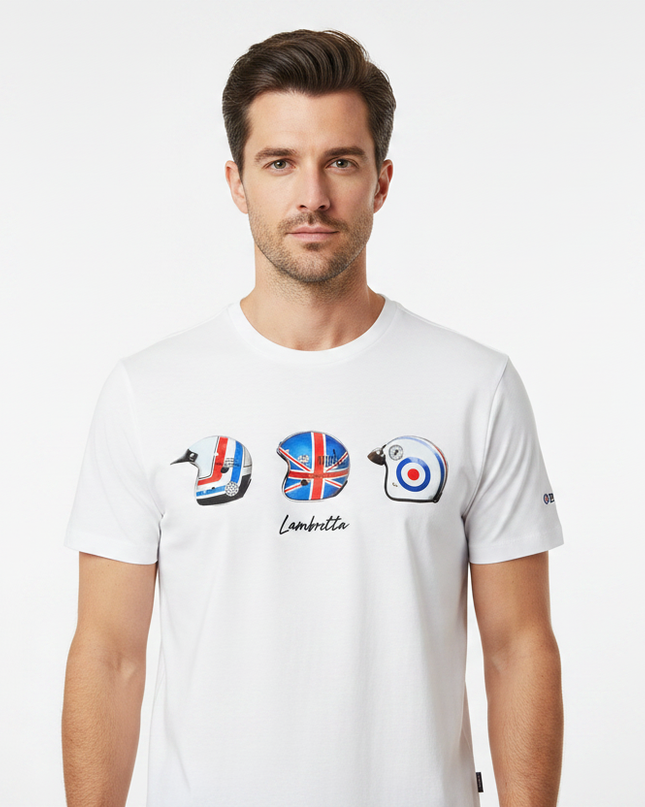 Male model wearing white Lambretta helmet tee - front