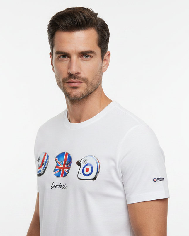 Male model wearing white Lambretta helmet tee 