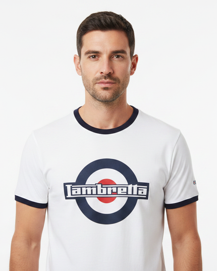 Male model wearing white Lambretta ringer tee - front