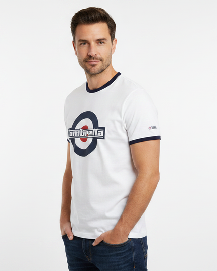 Male model wearing white Lambretta ringer tee - side